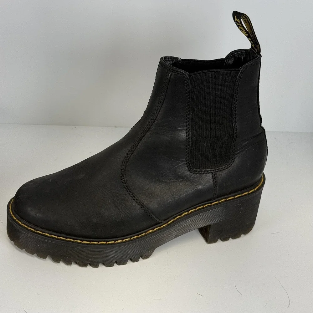 Dr Martens Boots Womens 8 Black Rometty Leather Platform Chelsea Ankle Lug Sole